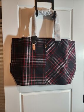 Victoria's Secret Black Plaid Tote with Red and White Stripes
